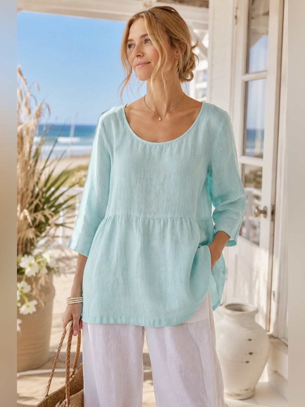 Pure Jill 100% Linen Tunic Top Small | Aqua Blue 3/4 Sleeve Coastal Boho